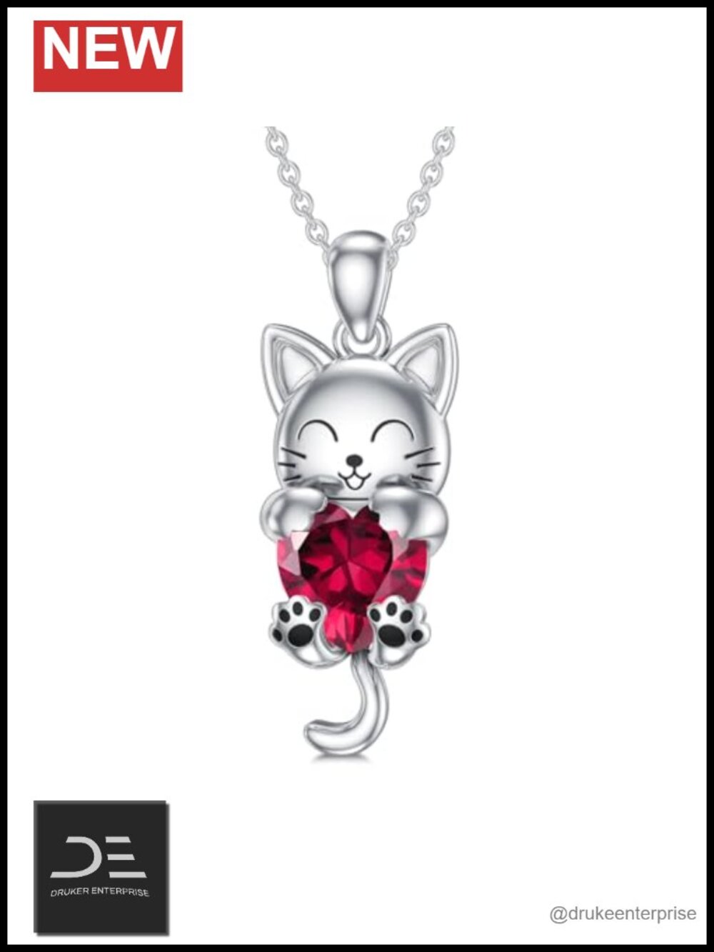 Sterling Silver Cat Pendant Necklace Ruby Birthstone Gift